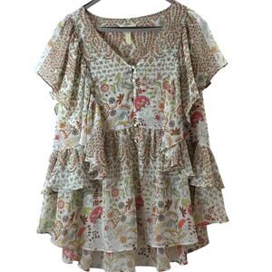 Womens Sz M Floral Babydoll Fairy Feminine BOHO Flowy Flutter Sleeves Fly By Top
